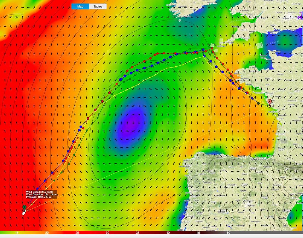 Predictwind optimised routes based on the position of the race leaders at 0500 UTC on Monday, January 16, 2016 - Vendee Globe Race 2016/17 © PredictWind